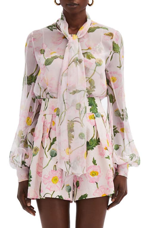 Oscar De La Renta Poppy Print Sheer Tie Neck Silk Chiffon Top In Pink