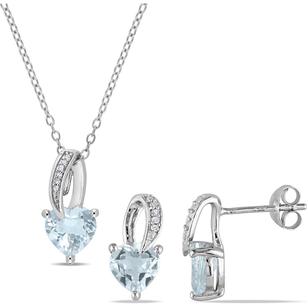 Delmar Heart-cut Aquamarine & Diamond Necklace & Stud Earrings Set In Blue