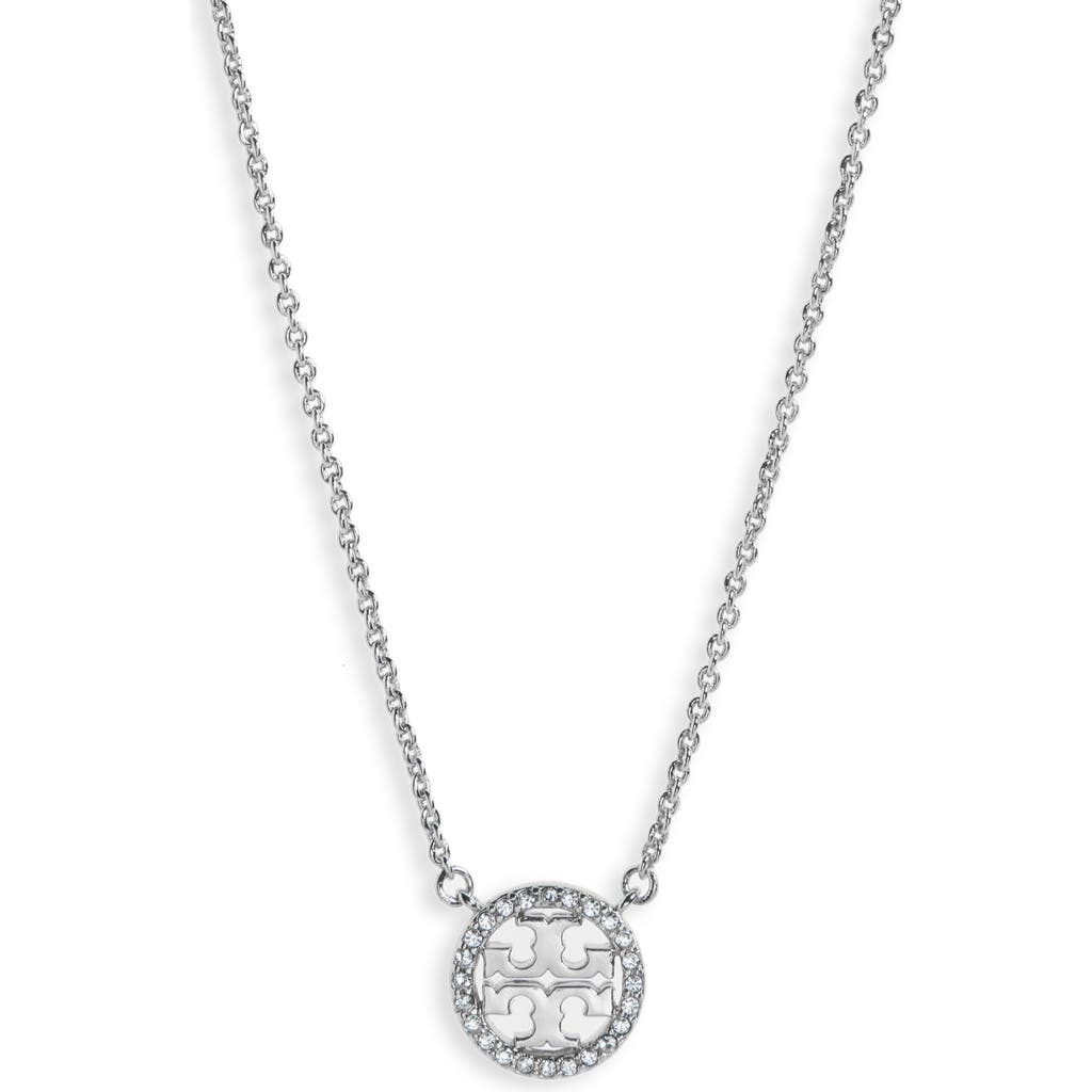 Tory Burch Pavé Logo Pendant Necklace In Tory Silver/crystal