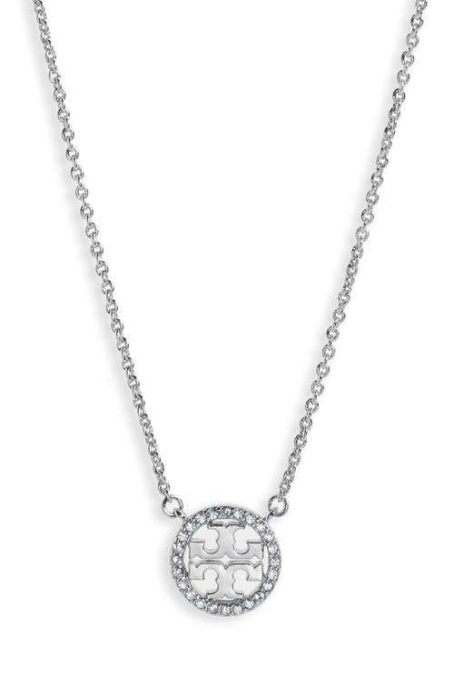 Shop Tory Burch Pavé Logo Pendant Necklace In Tory Silver/crystal