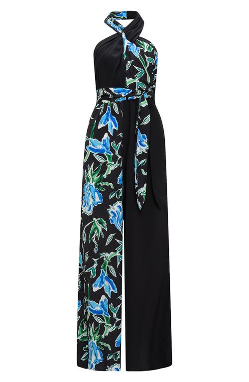 Shop Diane Von Furstenberg Cort Mixed Print Halter Jumpsuit In Tulip Fields Blue/black