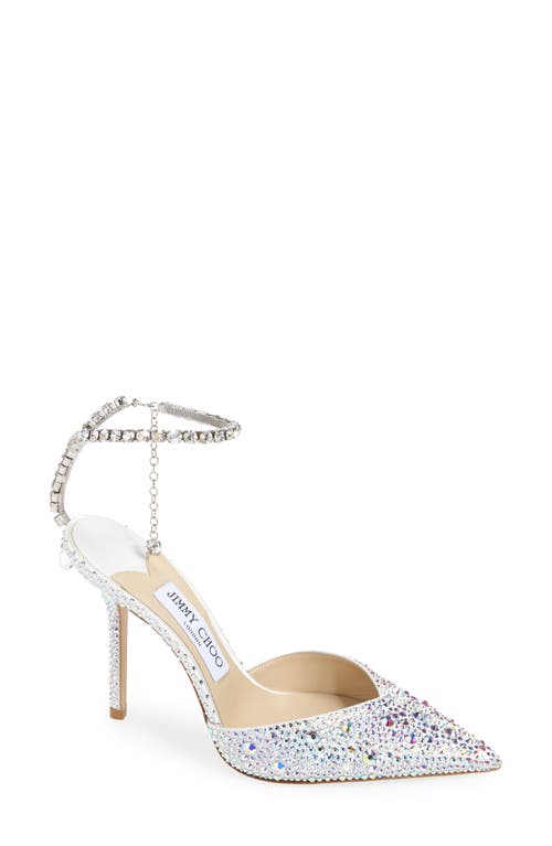 Jimmy Choo Saeda Crystal Ankle Strap Pointed Toe Pump in Ivory/Crystal