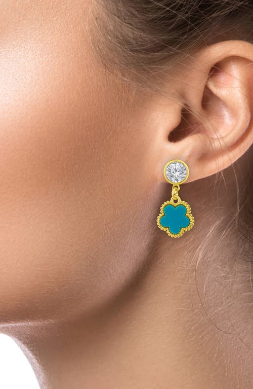 Shop Cz By Kenneth Jay Lane Cubic Zirconia Clover Drop Earrings In Turquoise/gold