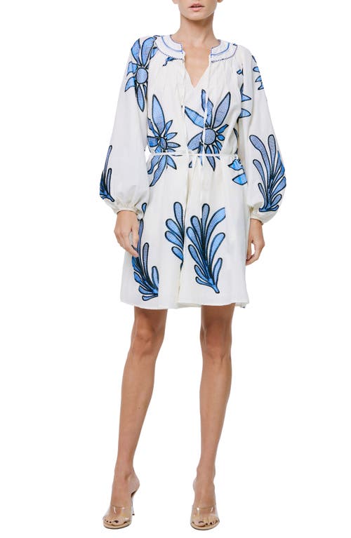 Shop Ciebon Viena Embroidered Long Sleeve Cotton Minidress In Stone/blue