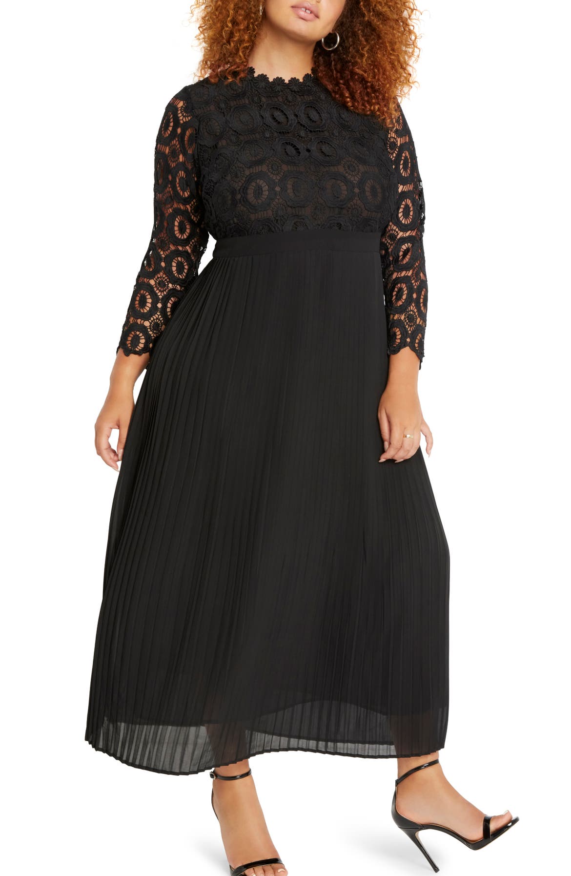 ELOQUII Lace Bodice Pleated Long Sleeve Evening Dress (Plus Size ...