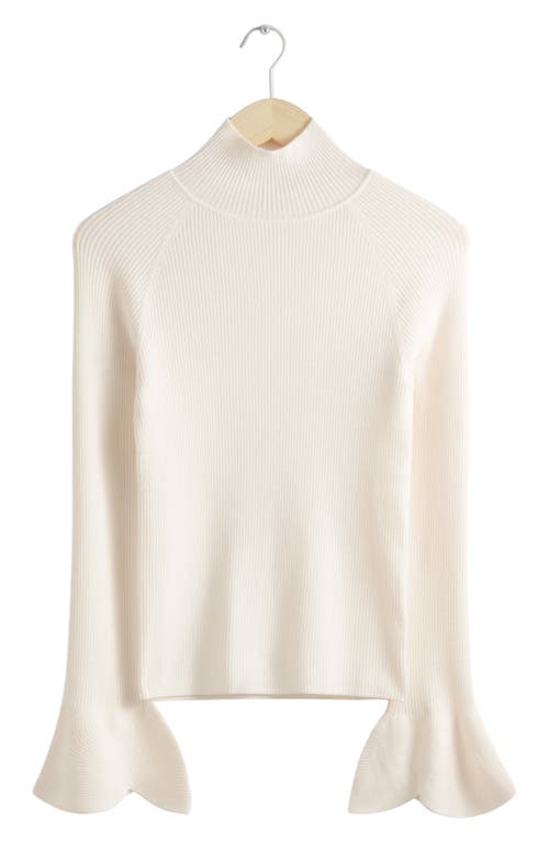 & Other Stories Flare Cuff Wool Blend Rib Turtleneck Sweater White Dusty Light at Nordstrom,