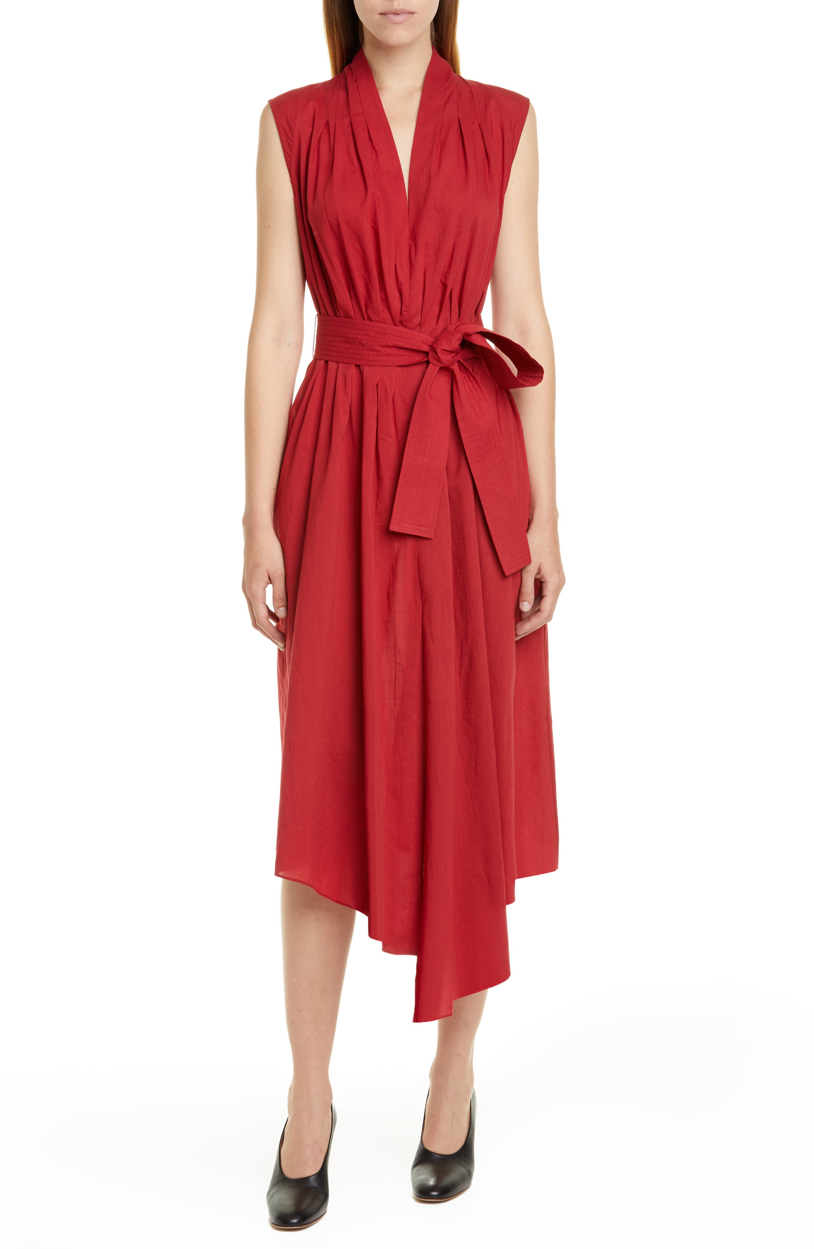 Adam Lippes Belted Asymmetrical Voile Midi Dress, Red