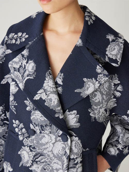 Rebecca Taylor Venice Toile Jacquard Oversized Peacoat In Indigo Combo