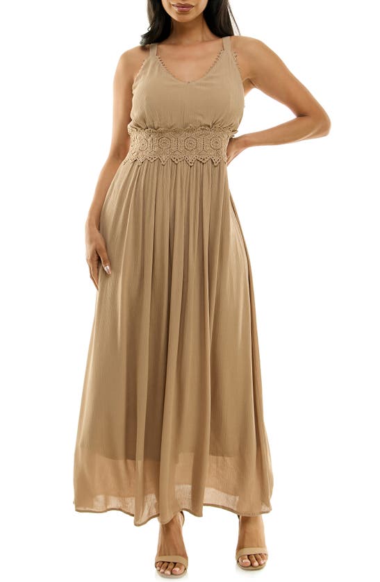 Nina Leonard Sleeveless Lace Trim Maxi Dress In Tan