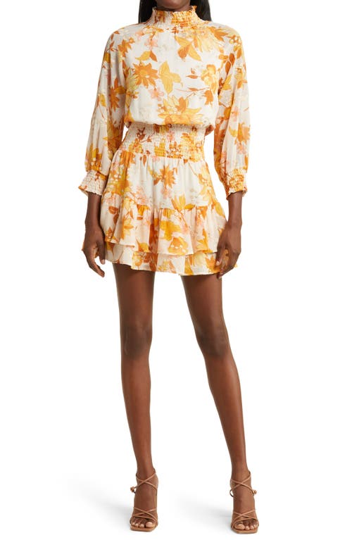 Ambrielle Floral Smocked Long Sleeve Minidress in Yellow