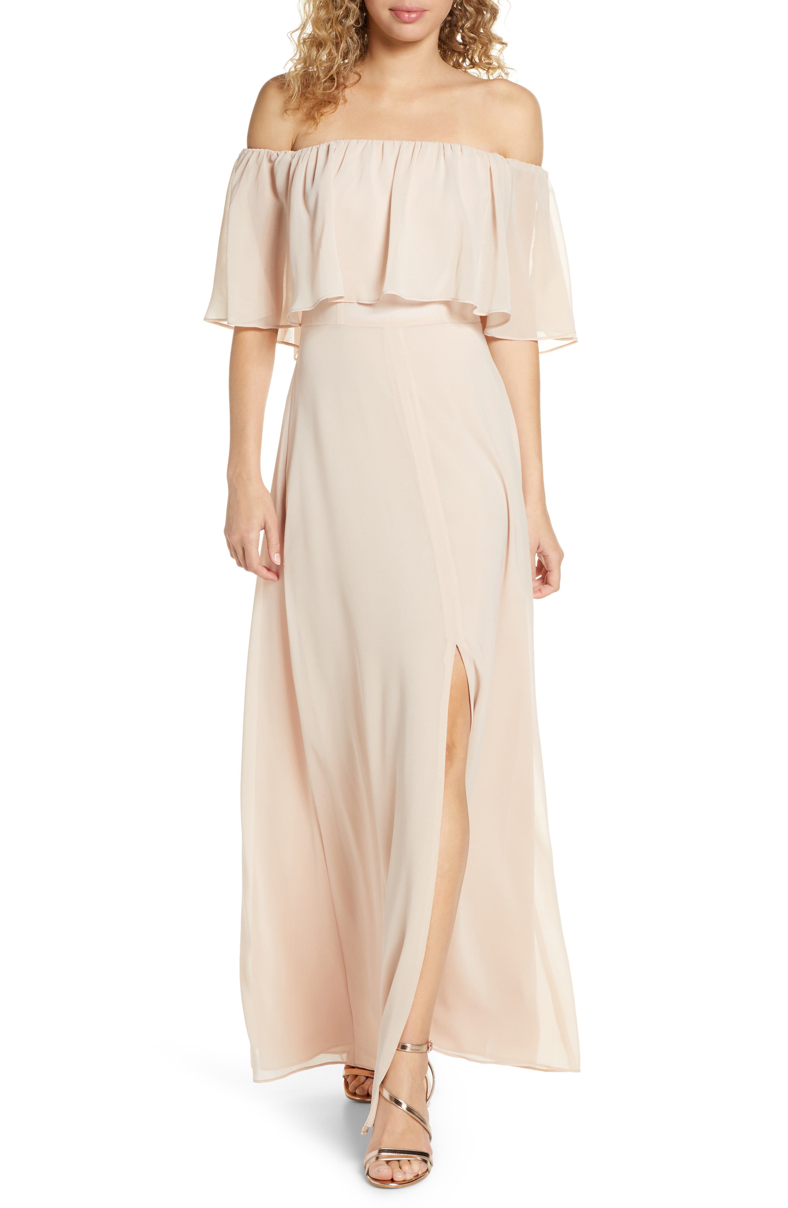 Wayf Popover Off The Shoulder Chiffon Gown, Beige