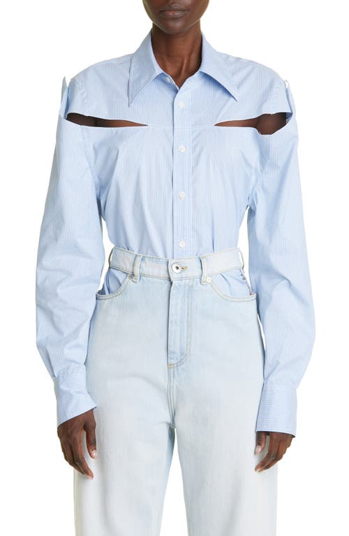 K.NGSLEY Slashed Cotton Poplin Button-Up Shirt in White/Blue