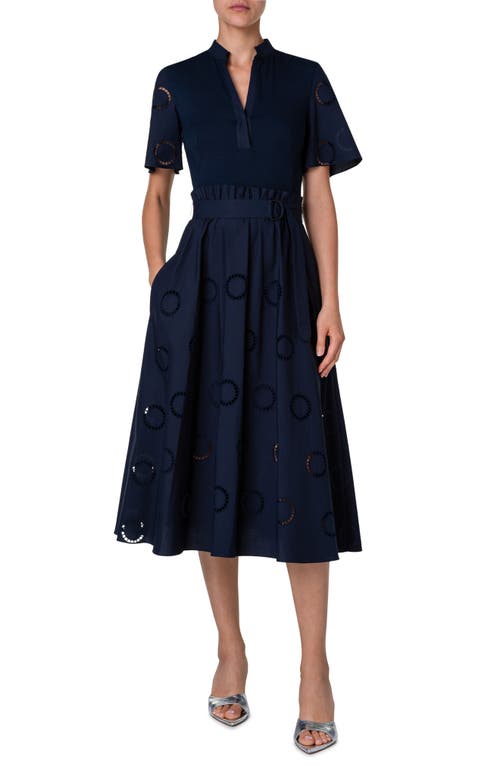 Akris punto Mixed Media Eyelet Midi Dress in Navy at Nordstrom, Size 4