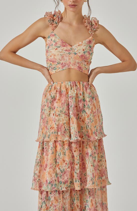 Shop Astr The Label Floral Ruffle Strap Plissé Crop Top In Green Orange Multi