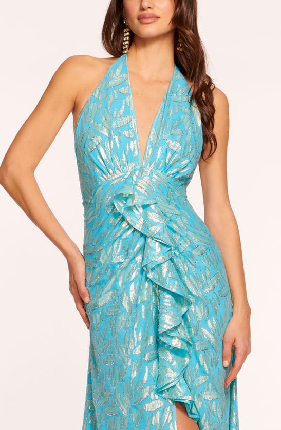 Shop Ramy Brook Leola Halter Silk Blend Gown In Isola Blue Multi