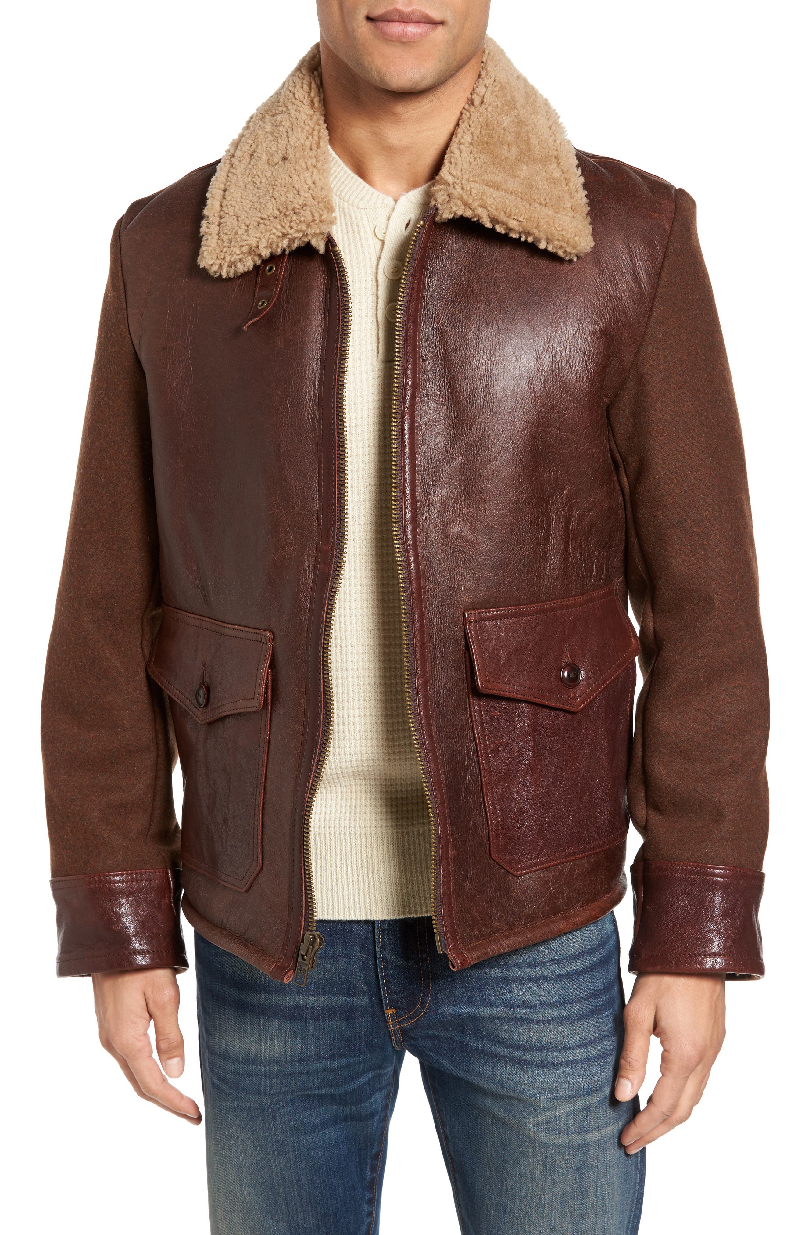 Schott NYC Mixed Media Flight Jacket with Genuine Shearling Collar