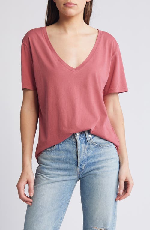 Oversize V-Neck Cotton T-Shirt in Pink Mauve