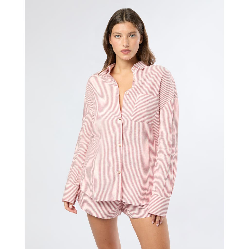 Shop Onia Air Linen Boyfriend Shirt In Dark Red/white