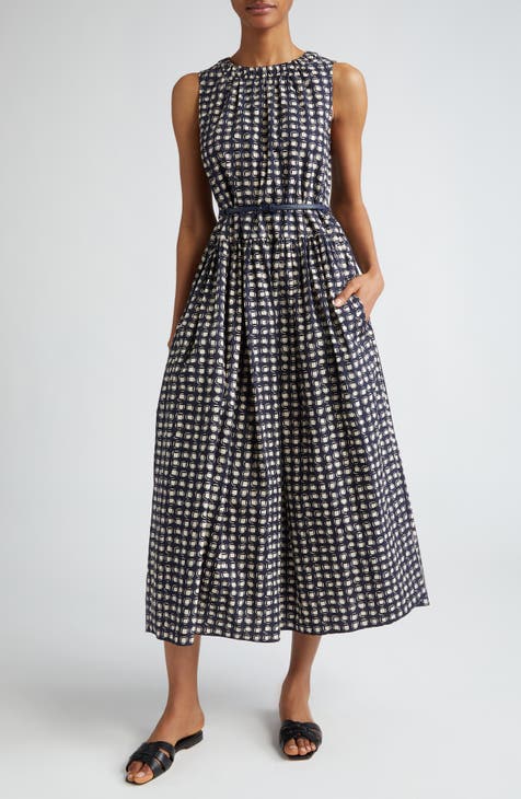 Calvin Klein 3/4 Sleeve Boat Neck Belted Houndstooth A-Line Midi