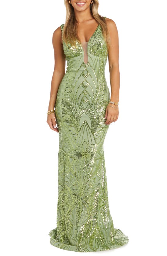 Shop Morgan & Co. Sequin Embellished Column Gown In Lime