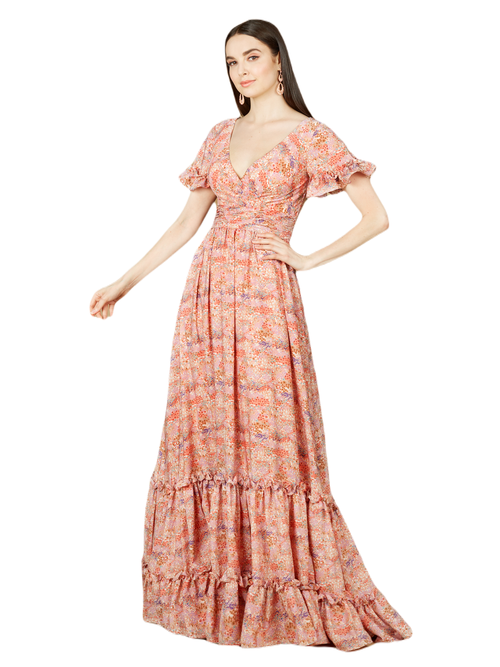 Shop Lara New York Long Print Gown With Cap Sleeves In Pink