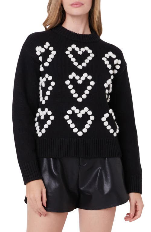 Shop English Factory Pompom Heart Mock Neck Sweater In Black/ivory