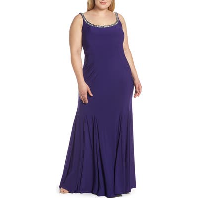 Plus Size MAC Duggal Jeweled Neck Lace-Up Back Jersey Gown, Purple
