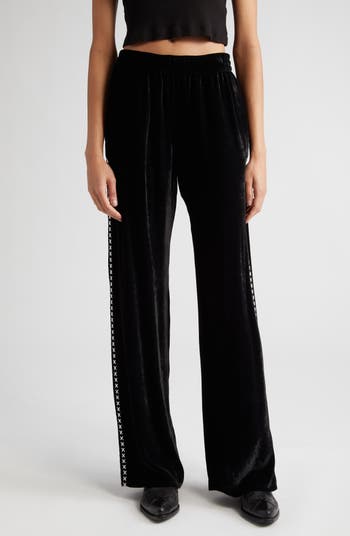 High Waisted Embroidered Black Wide Leg Pants