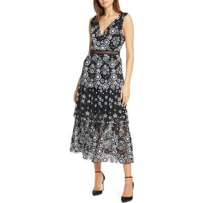 Self-Portrait Floral Deco Sequin Tiered Midi Dress, Black