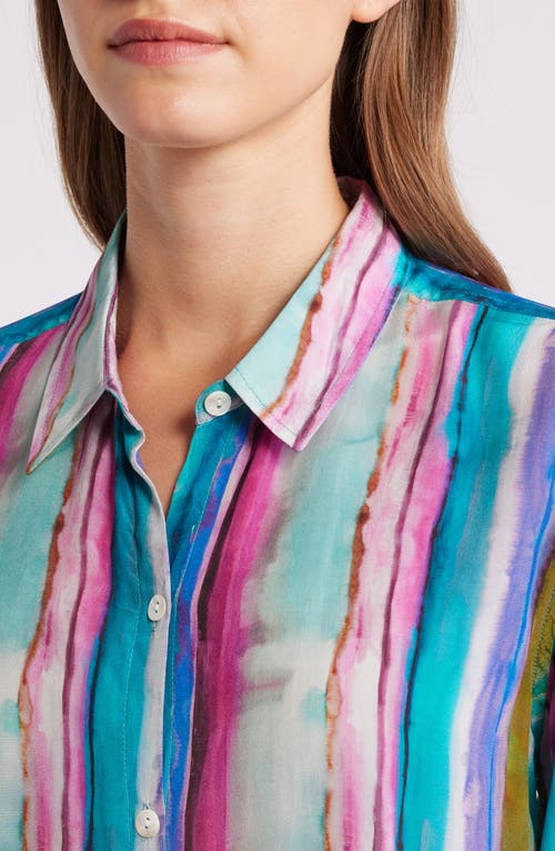 Shop Apny Watercolor Stripe Button-up Shirt In Green Multi