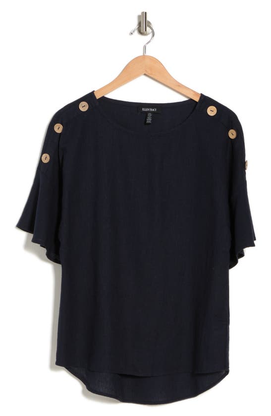 Ellen Tracy Round Neck Button Detail Linen Blend Top In Navy
