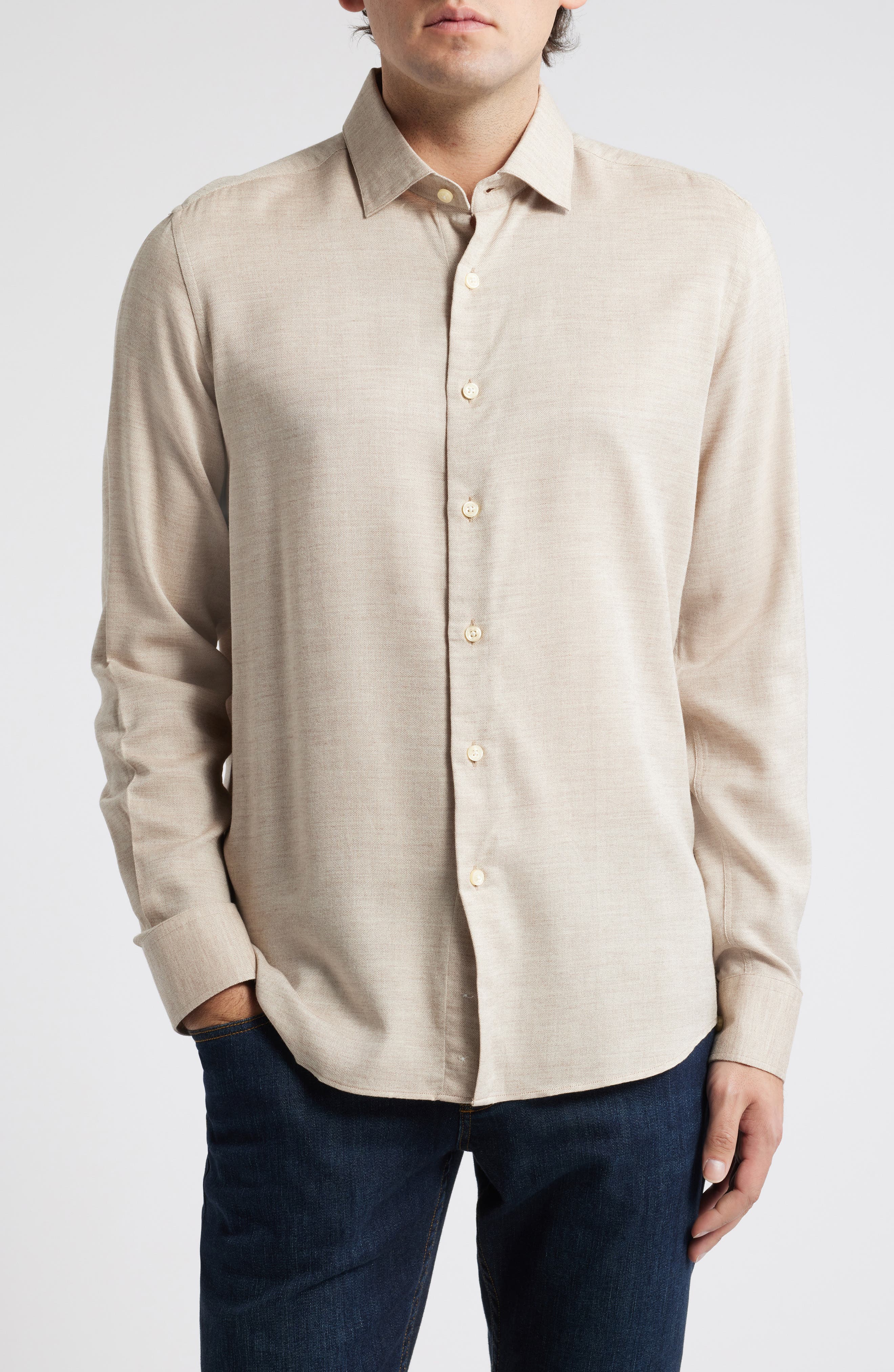 Scott Barber Plaid Cotton & Wool Button-Up Shirt in Camel 