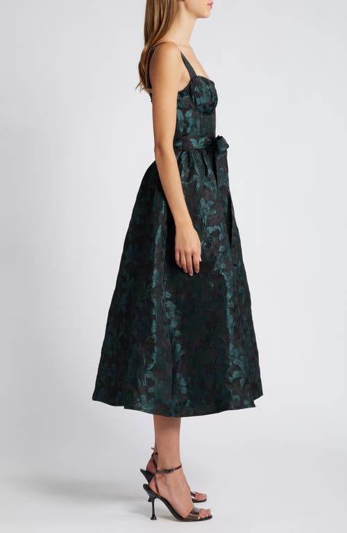 Shop Lulus Floral Jacquard Bustier Sleeveless Midi Dress In Black/shimmer Emerald