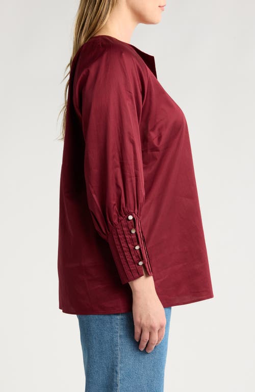 Shop Harshman Cerys Split Neck Pleated Cuff Cotton Top In Burgundy