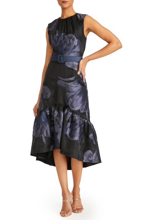 Shop Kay Unger Beatrix Belted Floral High-low Cocktail Dress In Black/dark Midnight