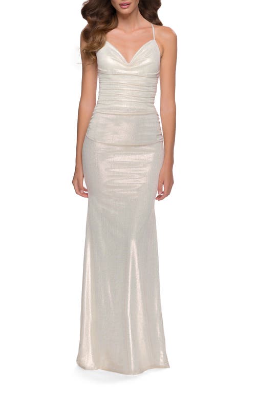 La Femme Ruched Jersey Gown White/Gold at Nordstrom,
