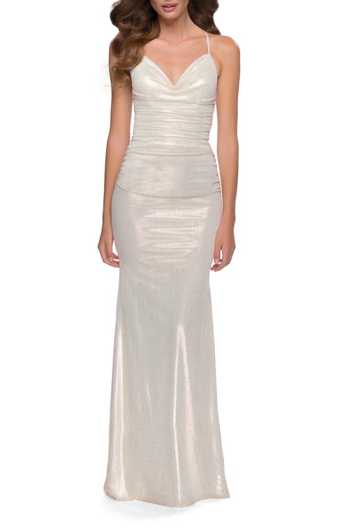 Shop La Femme Ruched Jersey Gown In White/gold