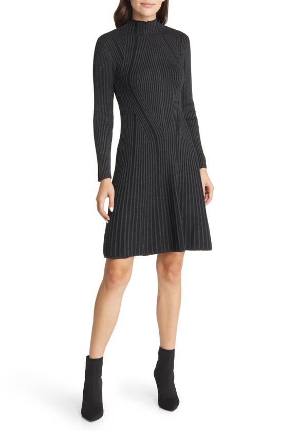 French Connection Mari Ribbed Long Sleeve Sweater Dress In Charcoal Mel/black