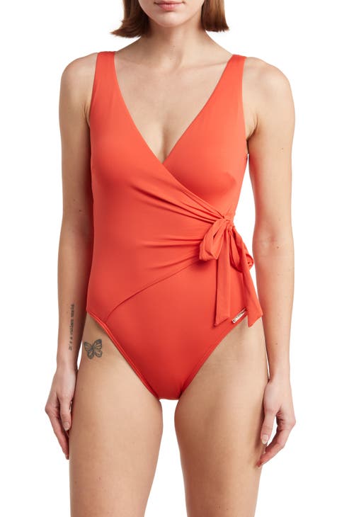 Vince Camuto Surplice Wrap Tie One Piece Swimsuit - Abstract Animal