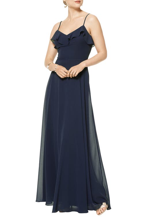 #Levkoff Ruffle V-Neck Chiffon Gown in Navy