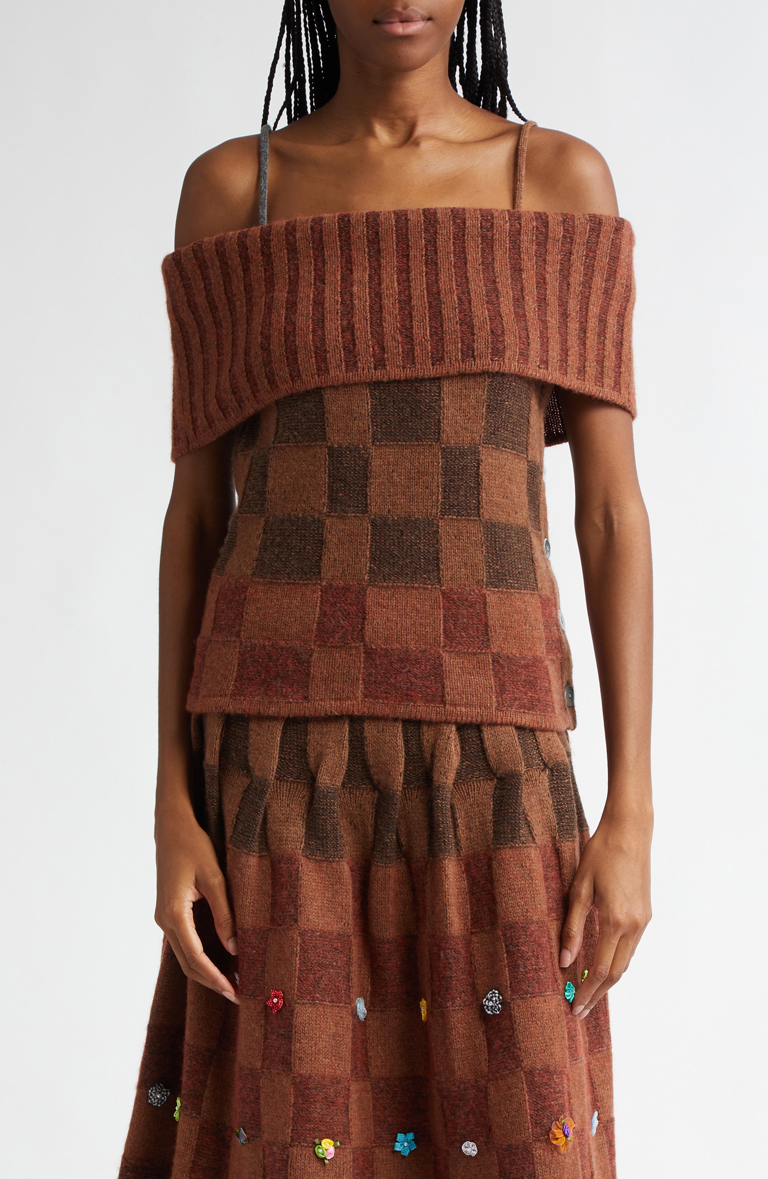YanYan Check Stripe Overlay Lambswool Blend Knit Tank in Brick 