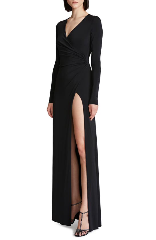 Shop Halston Evening Sydney Ruched Long Sleeve Jersey Gown In Black