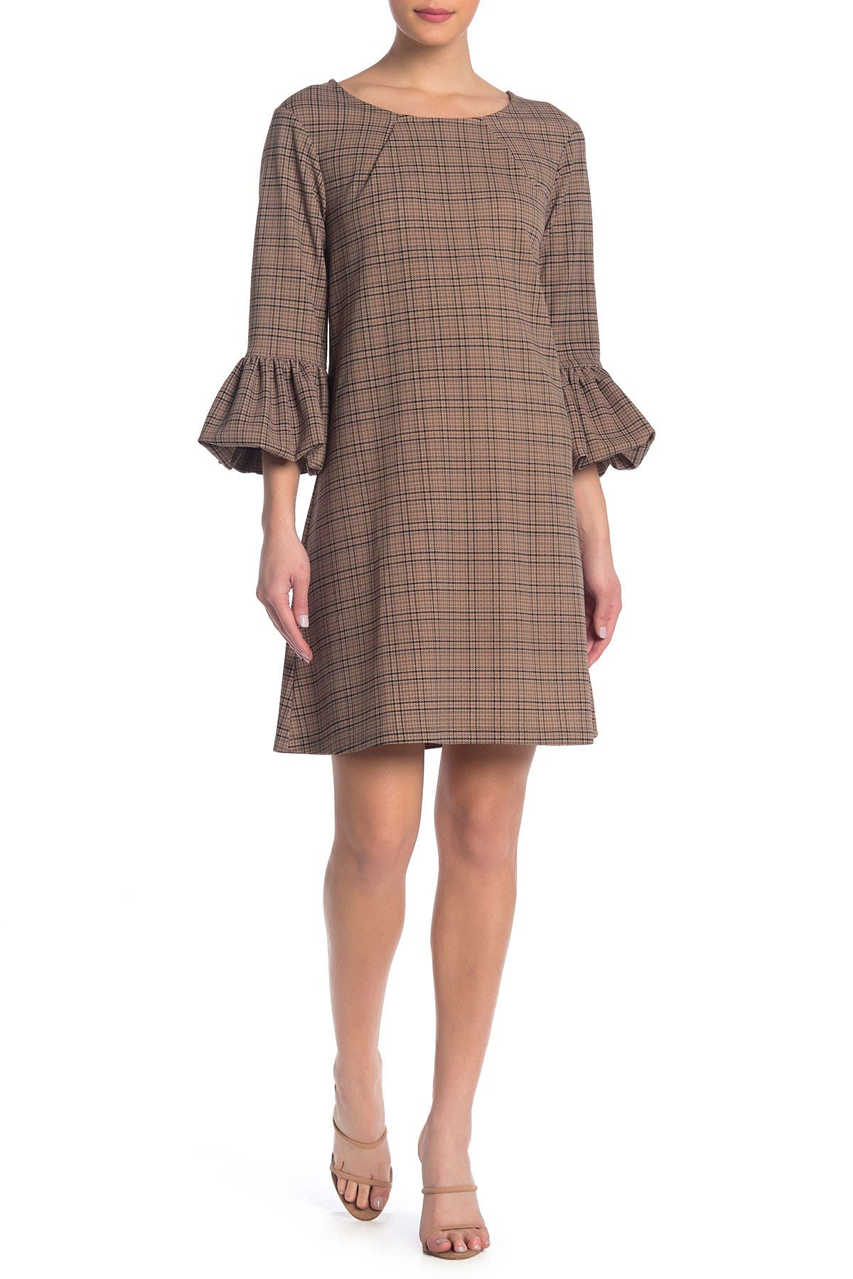 beige shift dress with sleeves