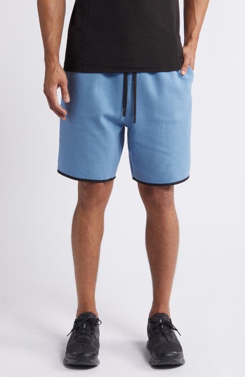 Shop Zella Powertek Stretch Cotton Blend Shorts In Blue Coronet