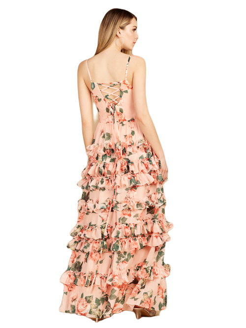 Lara New York Ruffle Skirt Printed Gown With Spaghetti Straps In Peach