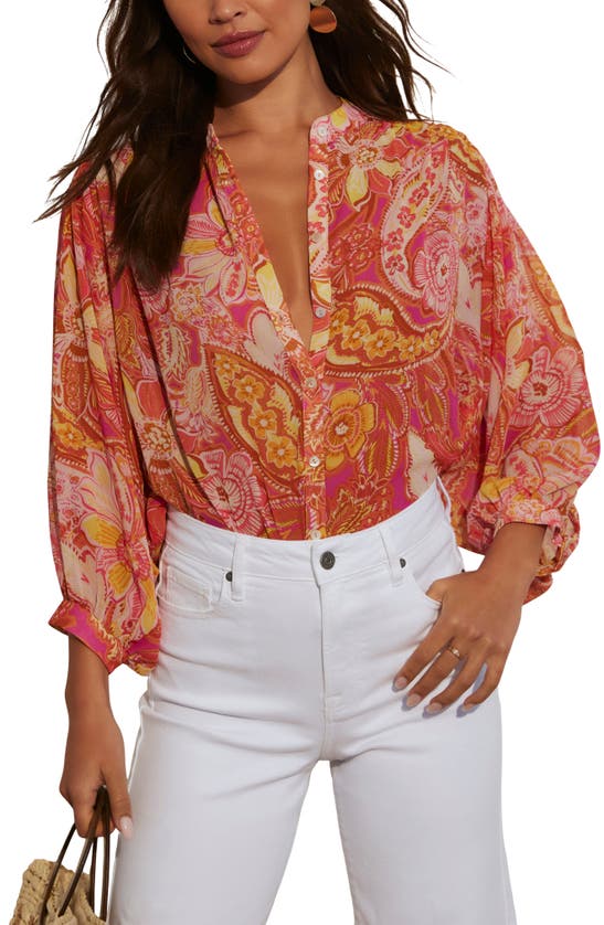 Shop Vici Collection Maggie Floral Chiffon Button-up Shirt In Pink Multi