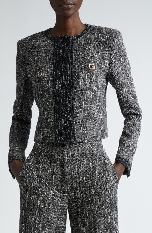 Shop St John St. John Collection Lightweight Knit Tweed Crop Jacket In Black/chalk Multi