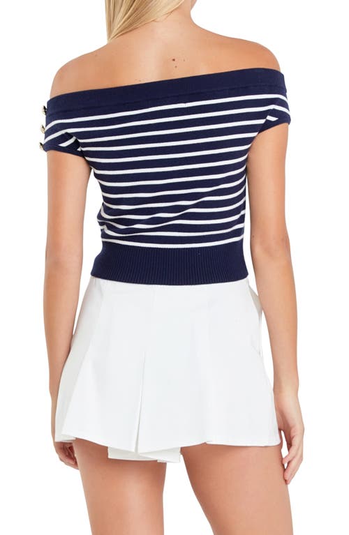 Shop English Factory Stripe Off The Shoulder Sweater In Navy/white