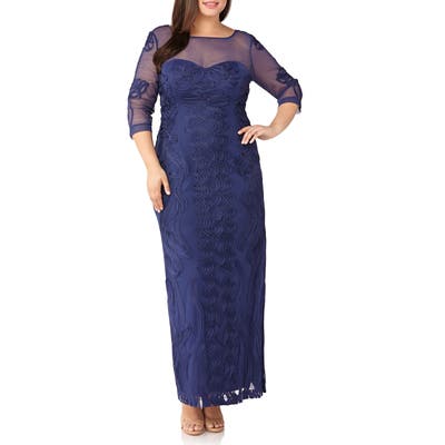 Plus Size Js Collections Soutache Trim Mesh Column Gown, Blue