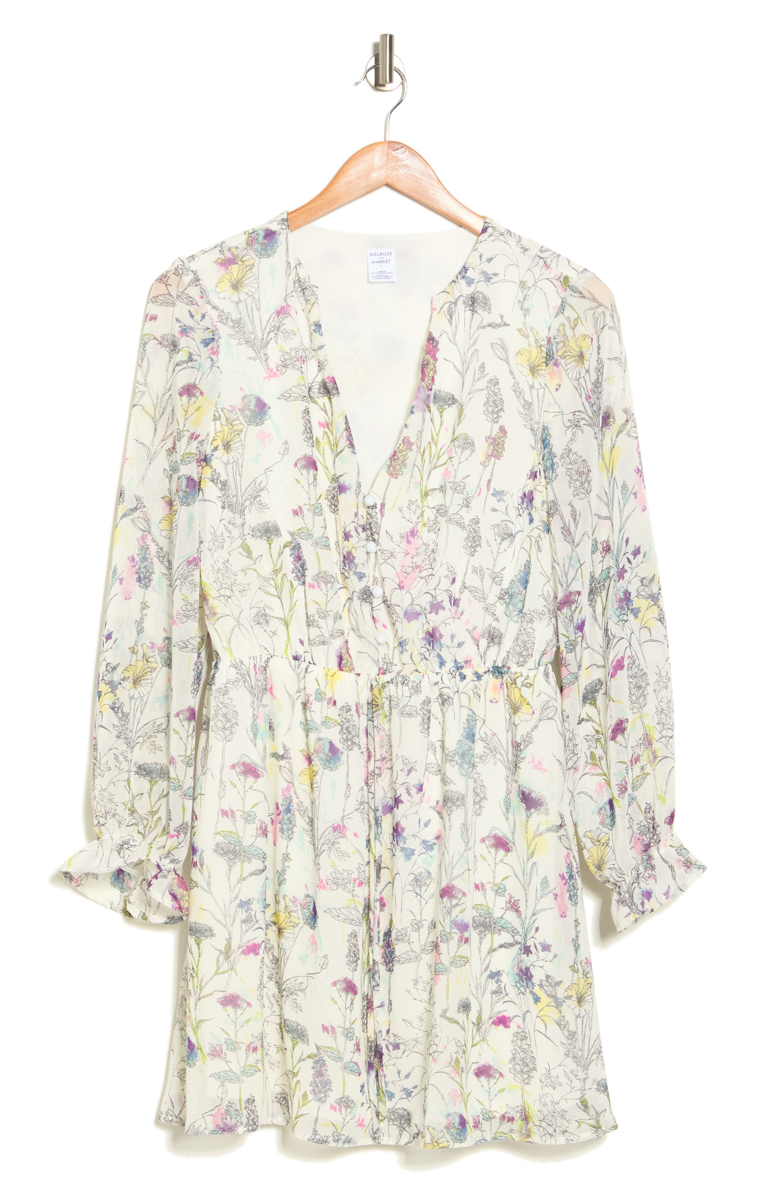 White Floral V-Neck Long Sleeve Dress